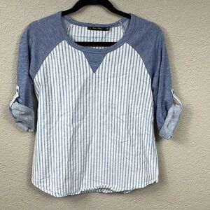 Doe & Rae ModCloth Roll Tab Pinstripe Shirt Baseball Style Sz L